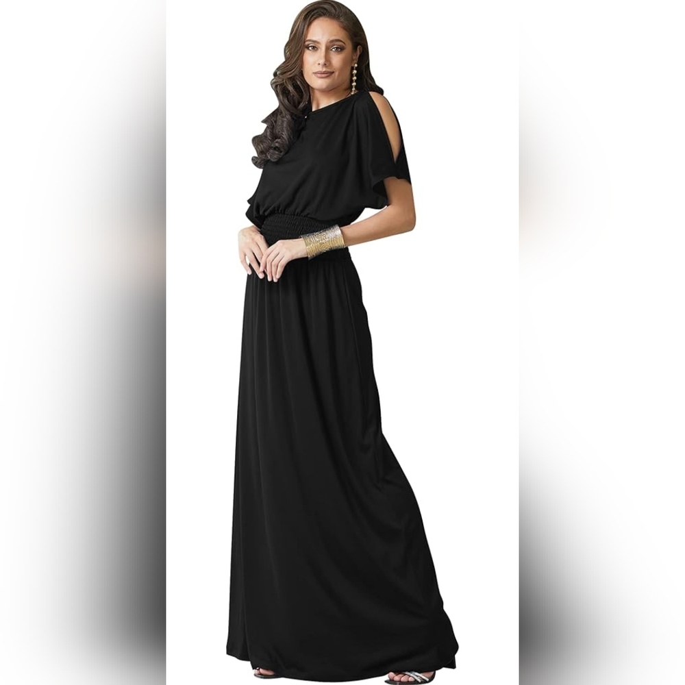 Elegant Black Maxi Dress KOH KOH Maxi Dress Split Sleeves Smocked Elegant Cockta
